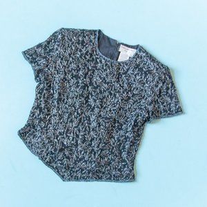 VINTAGE 80's Black Boho Beaded Scalloped Edge 100% Silk Blouse Size Medium